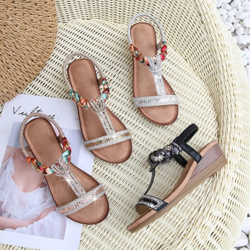 

2 large size sandals 020 love the new T-shaped rhinestone wedge sandals