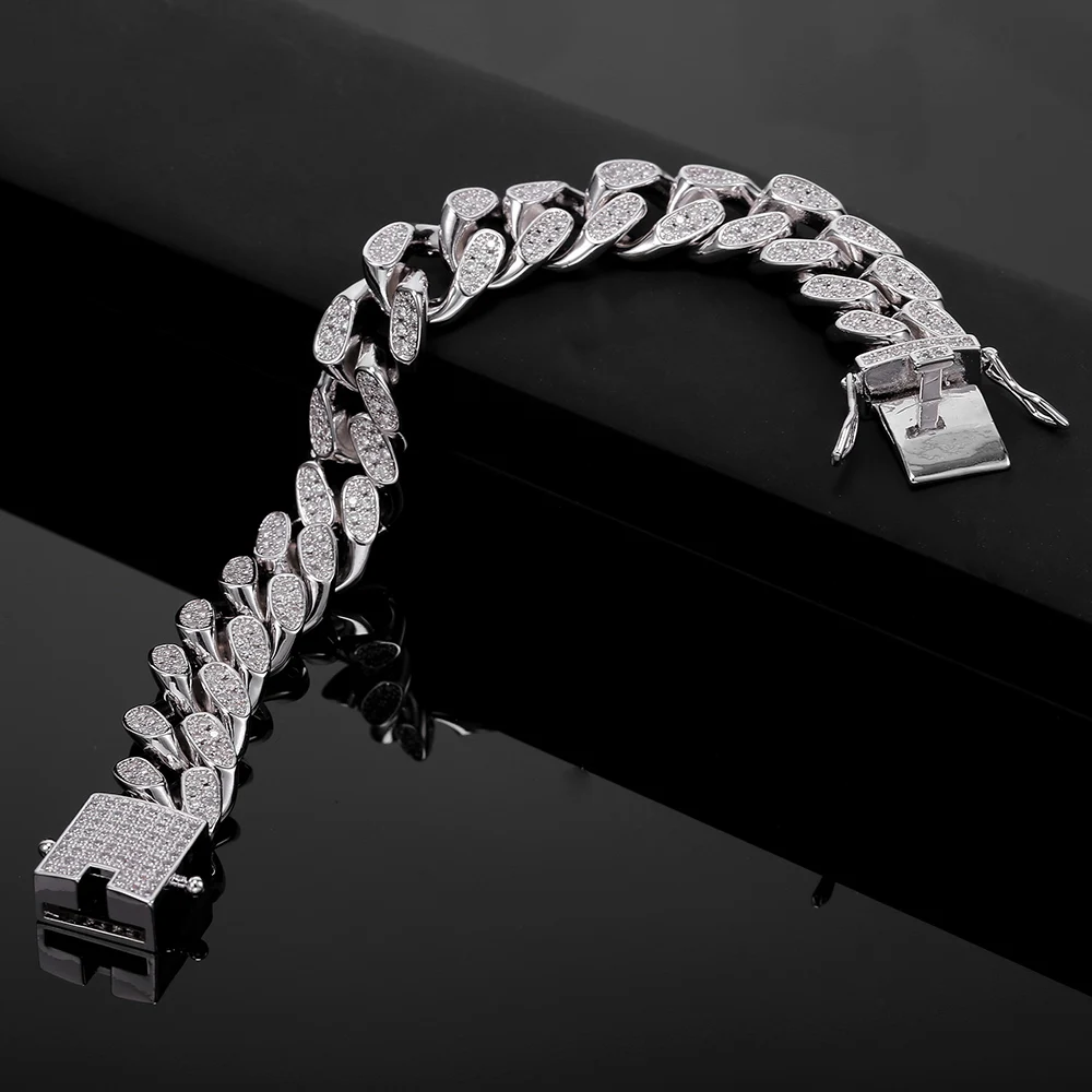 Модные ювелирные изделия белого розового золота цвет панк браслет байкера широкий огромный плоский бордюр кубинская цепь для мужчин женщин CZ браслеты подарок