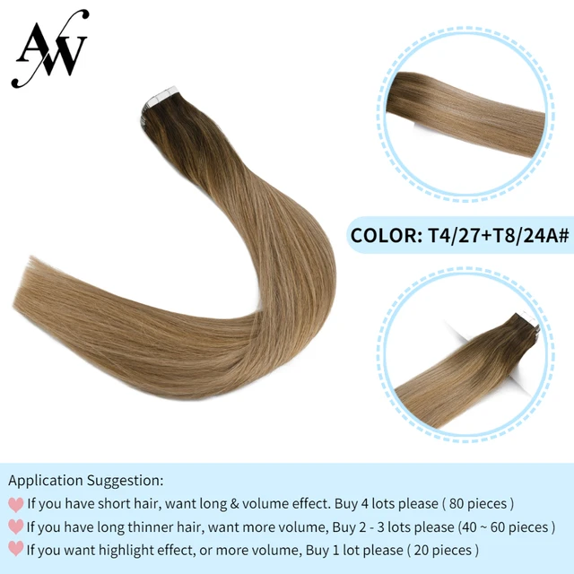 AW 12''-28'' Tape In Human Hair Extensions Straight Seamless Invisible Natural Machine Made Remy Adhesive Glue On Hair Extension T427-T824A
