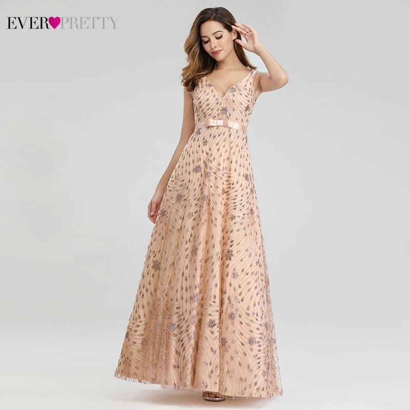 Robe De Soiree Ever Pretty Розовое Золото Вечерние платья Длинные трапециевидные v-образный вырез бант пояса элегантные Официальные Вечерние платья Abendkleider