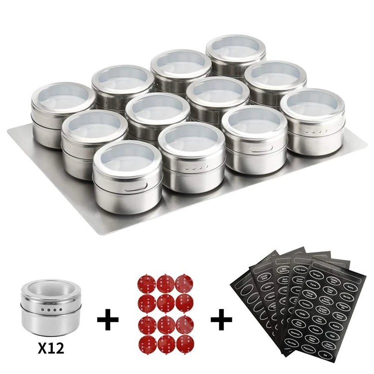 LMETJMA Magnetic Spice Jars  With  Wall Mounted Rack Stainless Steel Spice Tins 