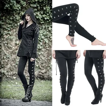 

2019 New Arrival Autumn Gothic Black Lace Up Skinny Trousers Women Pencil Sexy Legins Punk Rock Pants Pantalon FemaleO9