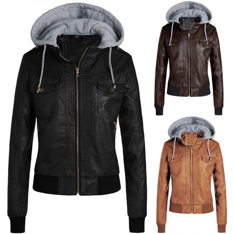 

2019 Winter New Women's Clothes Female's Leather PU Jacket Plus Velvet Hooded Zipper Short Leather For Women's Clothing