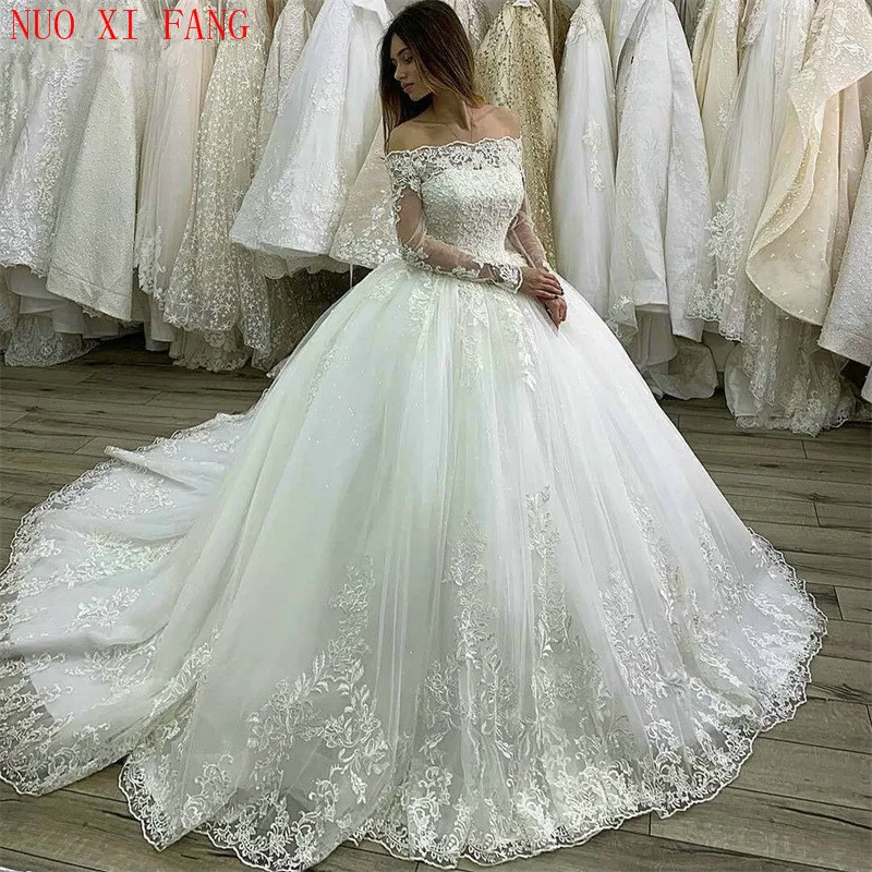 Vintage Boat Neck Long Sleeves Wedding Dress Luxury Appliques Lace Vestido De Novia Ball Gown Tulle Robe De Mariee trouwjurk