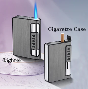 

12 packs capacity metal case with butane gas inflate lighter blue jet flame Pressure and moisture proof automatic cigarette box