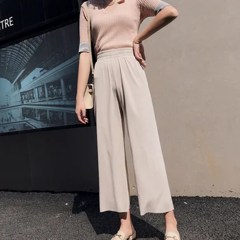 

Women's Pants Summer Slim Elastic Solid Color High Waist Straight Wide Leg Pants Women Trousers