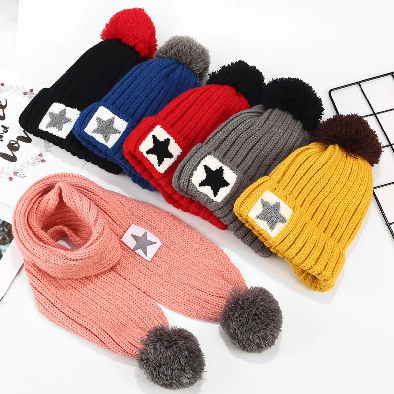 Winter Solid Color Knitted Hat with Scarf Sets Fashion Cap Girls Outdoor Beanie Hat for Boys Kids Headwear Accessories 2-6Y