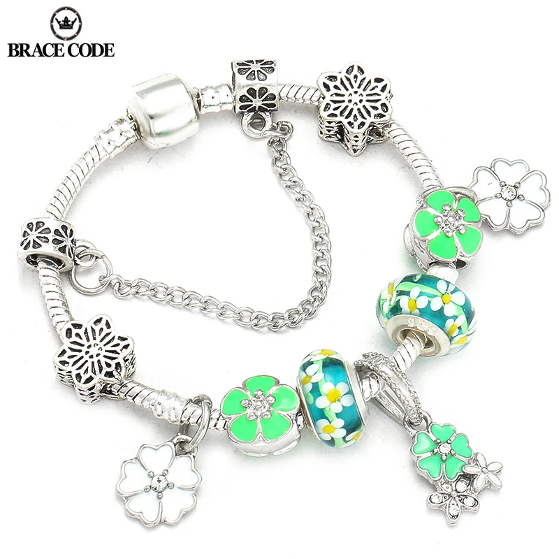 

New Floral Glass beads Charm Ladies Bracelet Silver Plated Snake Bone Chain, Brand Bracelet Bracelet Gift Direct Shipment