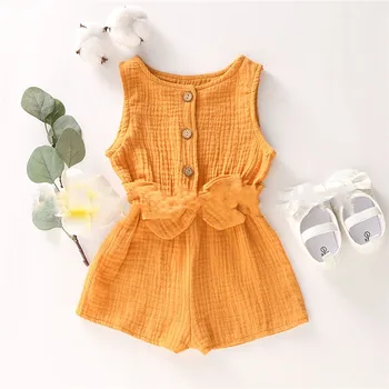 

Girls Baby Cotton Clothes Button Sleeveless Home Dress Kids Sweet Jumpsuit Front Tight Belt Jumpsuit Summer Overall Outfit