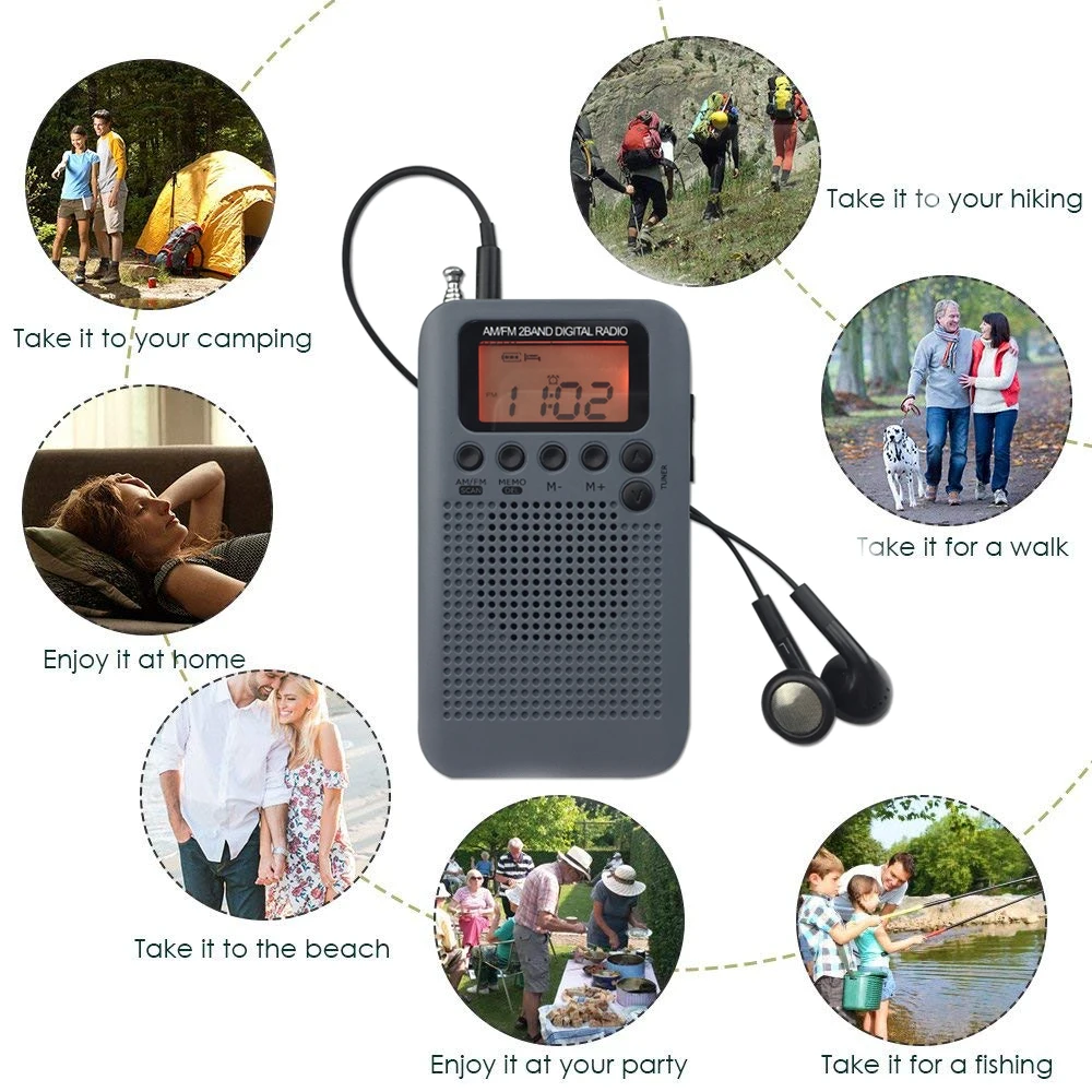 Portable Radio Mini LCD Digital FM AM Speaker with Alarm Clock and Time Display Function 3 5mm Headphone Jack and Charging Cable