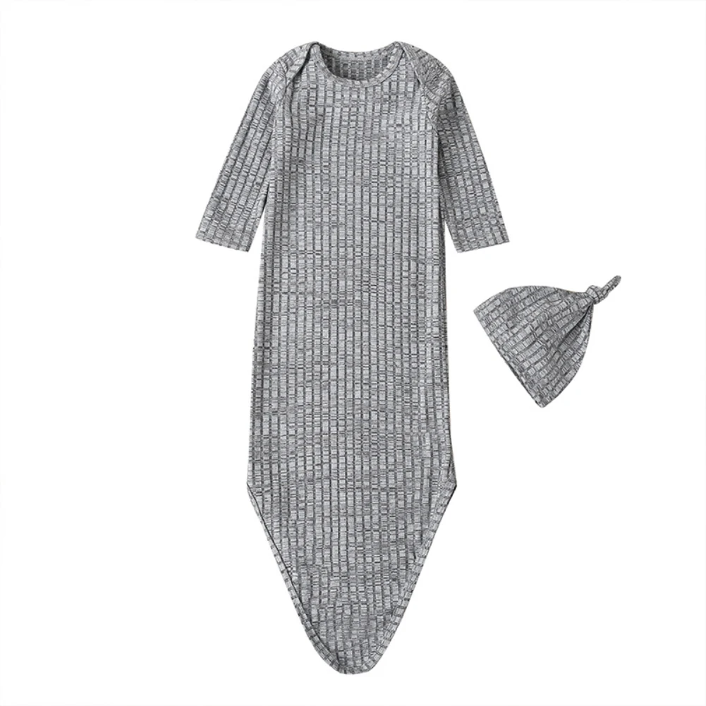 Emmababy, детское однотонное вязаное осенне-весеннее Полосатое Пеленальное Одеяло с длинными рукавами для маленьких девочек спальный мешок+ шапка, комплект От 0 до 1 года - Цвет: Серый