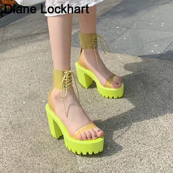 

Neon Green PVC Jelly Sandals Open Toe Lace-up Gladiator High Heels Summer Shoes Platform Heel Transparent Sandals Big Size 43