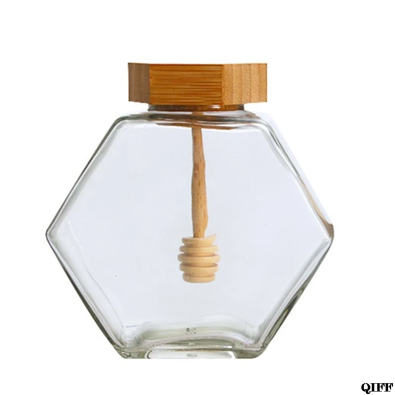 220 мл/380 мл Шестигранная стеклянная бутылка для меда с деревянным стержнем для перемешивания - Цвет: 220ML
