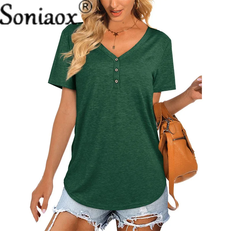 

2021 Womens Casual Short Sleeve Loose T-Shirts Ladies Solid Color Button Tops V-Neck Female Summer Street Clothes Pullover Tops
