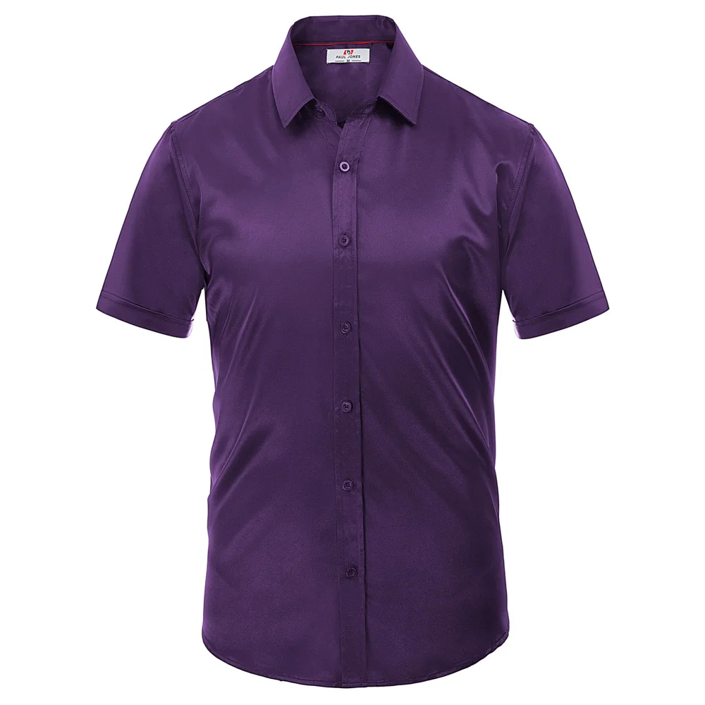 PAUL JONES Men's Slim Fit Solid Satin Dress Shirt Summer Short Sleeve Silk Like Shirt Tops Casual Square Collar Shirts PJ0199 - Цвет: Purple