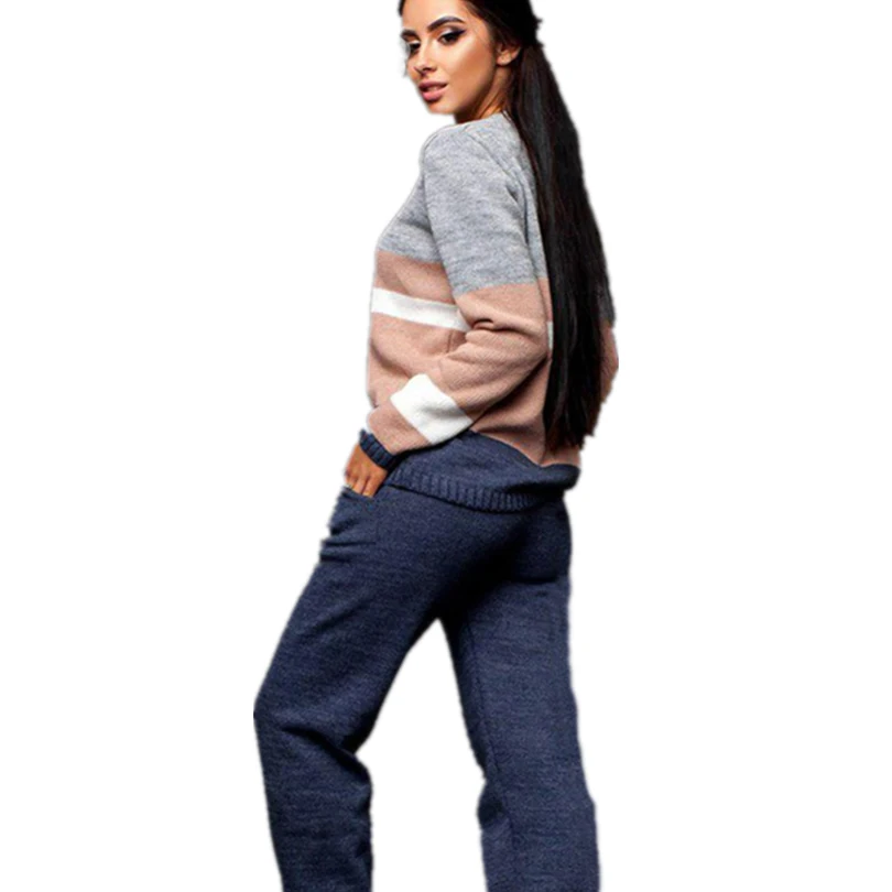 MVGIRLRU стильный свитер Костюмы трикотажные женские комплект Разноцветные полосатые пуловеры и штаны комплекты из 2 предметов женский