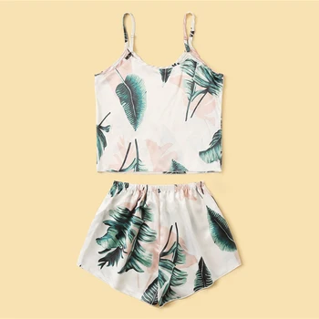 

SHEIN Tropische Print Satijnen Pyjama Set Vrouwen Zomer Casual Mouwloos Spaghetti Nachtkleding Leuke Verse Meisjes Nachtkleding