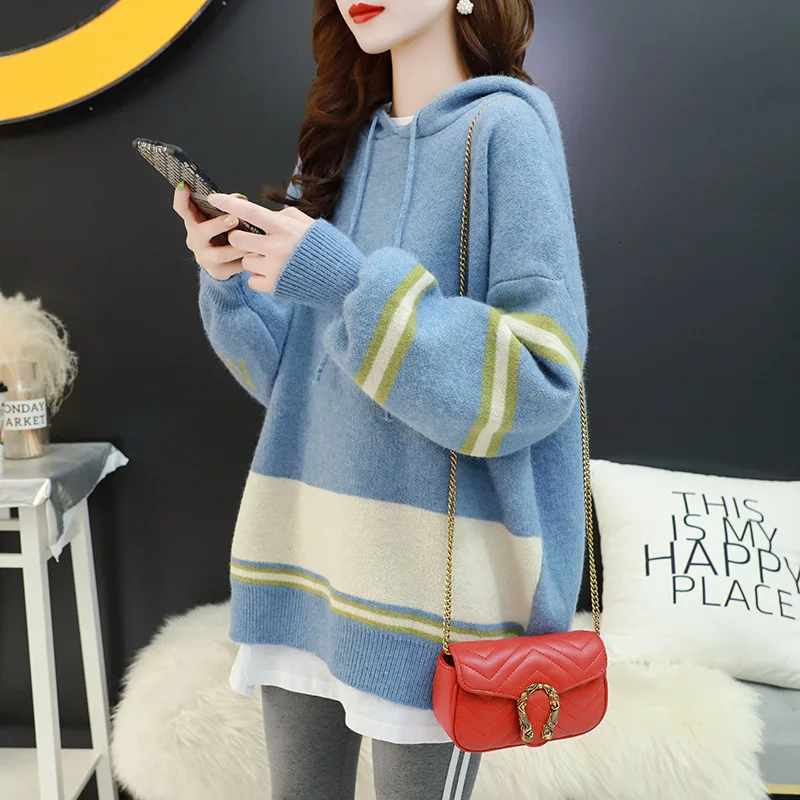 

Korean Hat Pullover Autumn Winter Sweater Women Lantern Sleeve Keep Warm Lazy Wind Knitting Striped Pull Femme Hiver Fashion