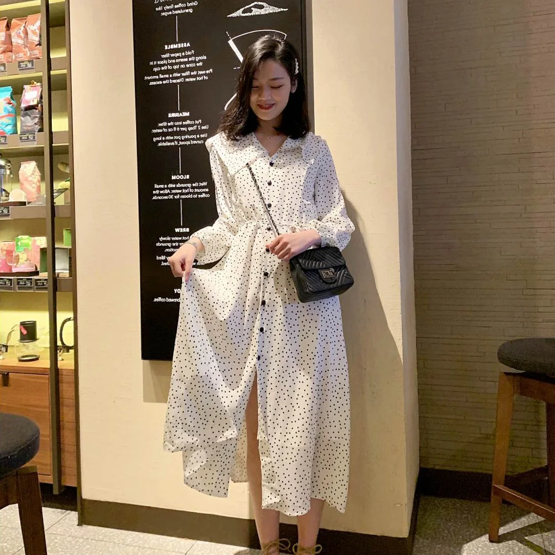

Photo Shoot CHIC Ladies' Chiffon White Polka Dot Large Lapel Single-Breasted Waist Hugging Loose-Fit College Style A- line Dress