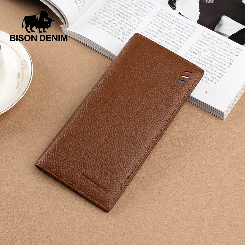 Khaki Wallet BISON DENIM, натуральная кожа, держатель для карт, мужские кошельки, Воловья кожа, длинный стиль, кошелек, бренд класса люкс, мягкая кожа, тонкий мужской кошелек, N4391-5 - Цвет: Khaki Wallet