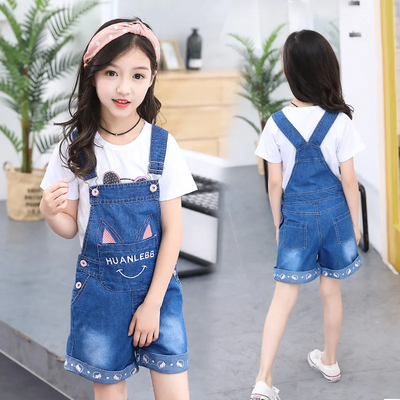 

2018 Summer Childrenswear New Style Girls Casual Cat Ear Cowboy Suspender Pants Set Middle And Large Children Two-Piece Set