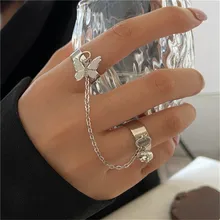 Punk Gold Silver Color Butterfly Rings Multi-layer Hip Hop Chain Two Open Finger Rings Set For Women 2021 Fashion Jewelry Gifts