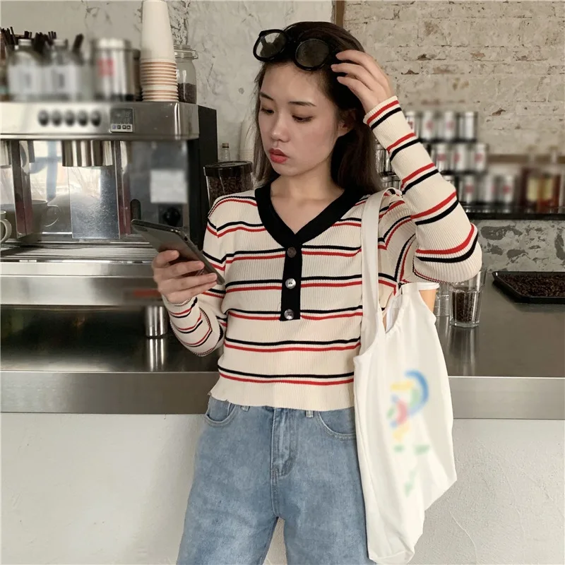 Women Casual Wild Sweater Lady Autumn V-neck Striped Knitted Clothes Long Sleeve Button Fashion Pullover Female Sweaters Tops Women Casual Wild Sweater Lady Autumn V-neck Striped Knitted Clothes Long Sleeve Button Fashion Pullover Female Sweaters Tops