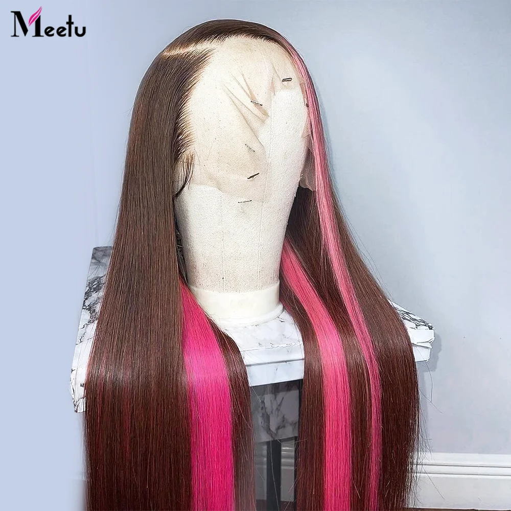 Pink Highlight Lace Front Wig 13x4 HD Straight Lace Frontal Wig Human Hair 30 Inch Light Brown With Pink Colored Human Hair Wigs