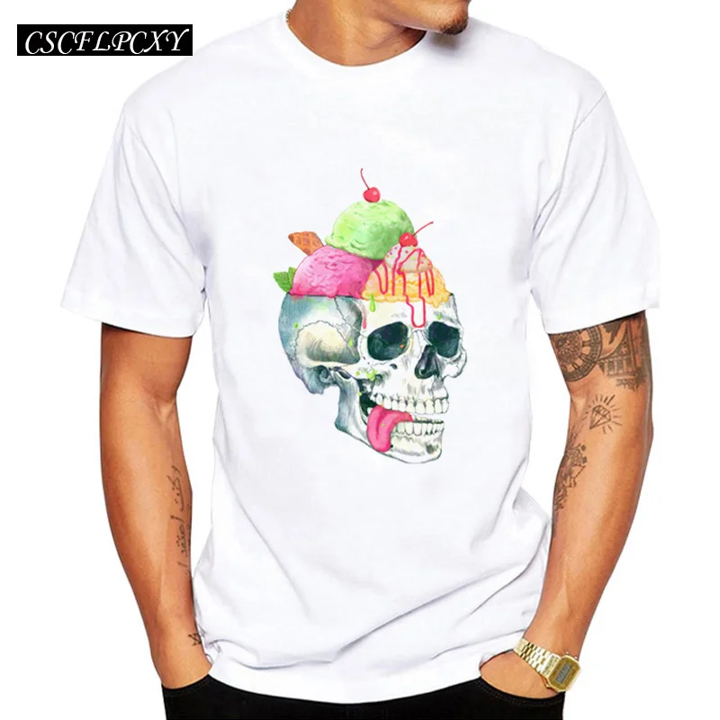

2019 New Summer Hipster Men t-shirts Fashion brain freeze Design Skull Printed Tee Shirts Short Sleeve Cool Tops