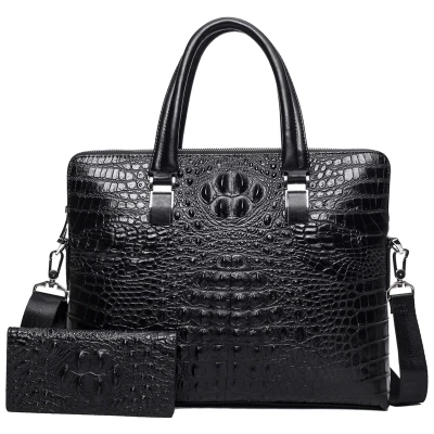 Мужская роскошная сумка из натуральной воловьей кожи с узором «крокодиловая кожа», деловой кожаный портфель для ноутбука для мужчин, сумки на плечо - Цвет: black with wallet