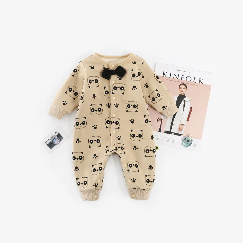

0-1-Year-Old Baby Casual Crawling Clothes plus Velvet Winter Cartoon Panda Baby Rompers Thick Open Front Baby Onesie