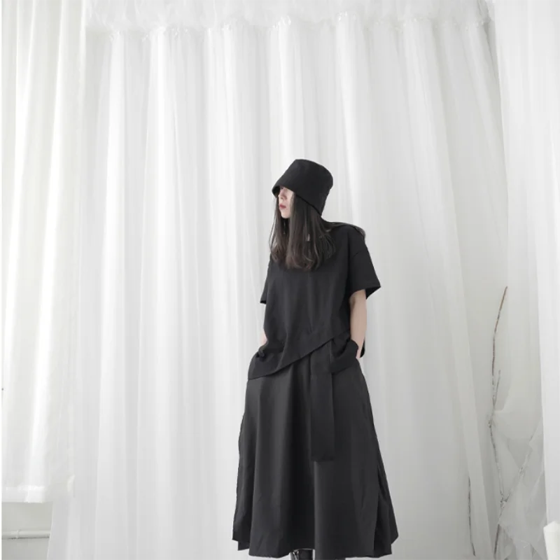 

Women's new summer white ribbon asymmetrical slit irregular design round neck color short loose short sleeve T-shirt