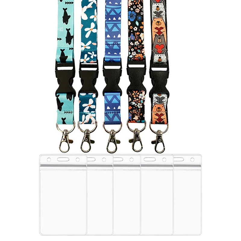 

Retro Flowers Pattern Transparent Work Card Holder Lanyard Set Adjustable Buckle Name ID Badge Holder Nurse Card Cover Case