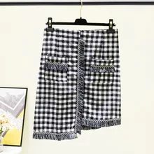 200 фунтов XXL~ 4XL Осенняя клетчатая Асимметричная юбка с кисточками большого размера для женщин модные европейские юбки с карманами B652