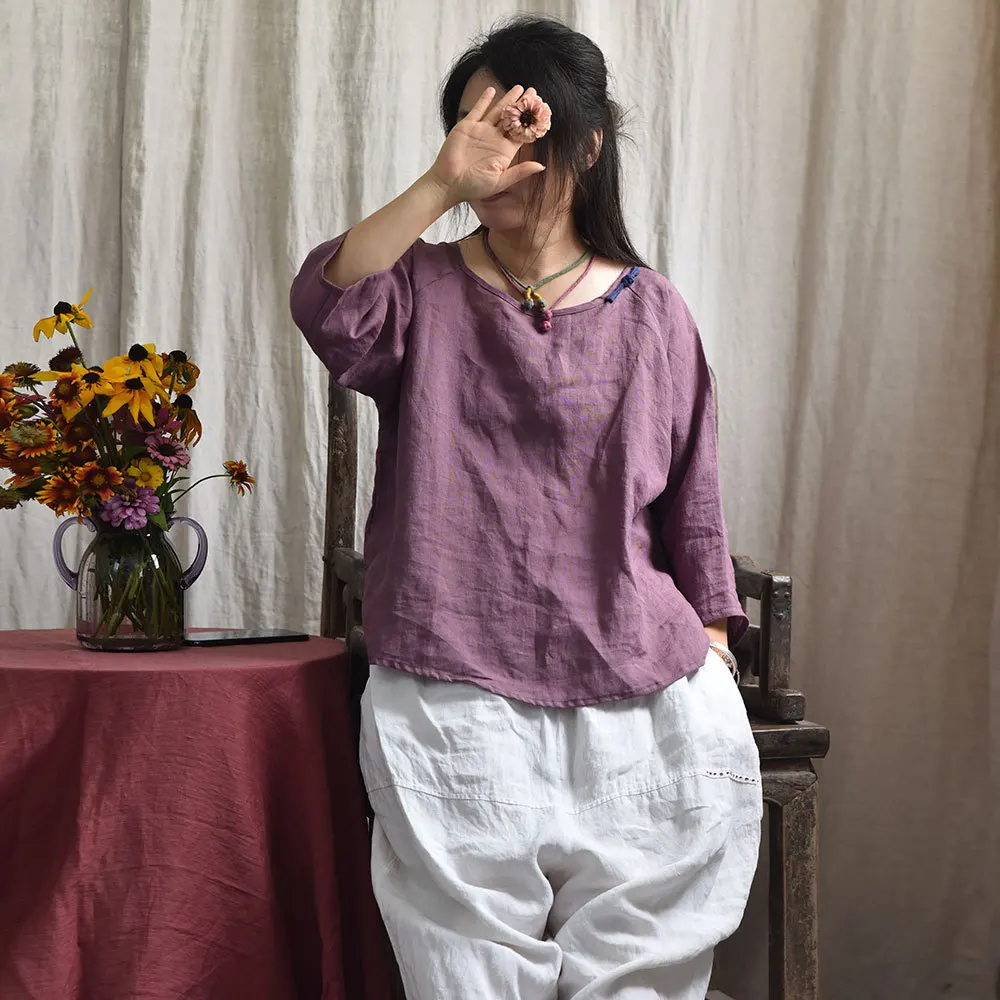 

Women Loose Ramie Vintage Tops T-shirt Ladies Ramie Three Quarter Sleeve Tees Shirts Female 2019 Retro Shirt Autumn Spring