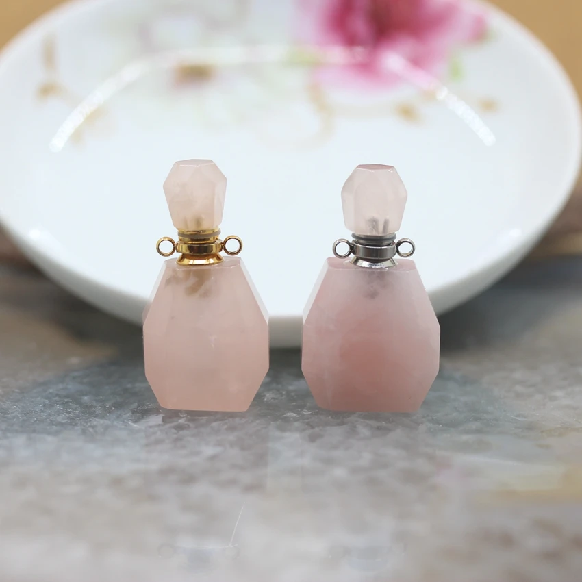 

Faceted Rose Quartzs Perfume Bottle Pendants,Natural Pink Crystal Stone Essential Oil Diffuser Bottle Necklace Charms Jewelry