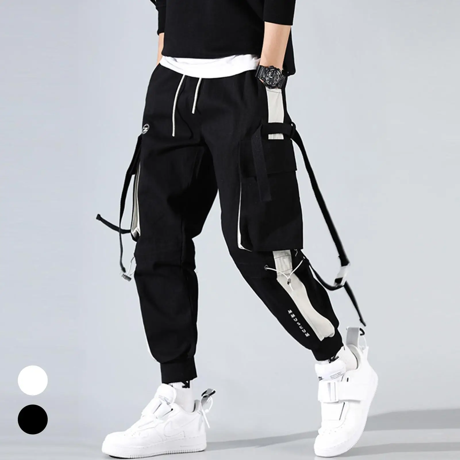

Men Hip Hop Drawstring Multi Pockets Straps Ankle Tied Long Cargo Pants Trousers