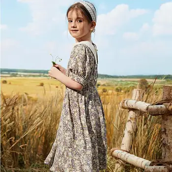 

Korean Peter Pan Collar Girls Dresses Summer Children Floral Print Dress 3-14 Year Short Sleeve Kids Dress For Big Girls Clothes