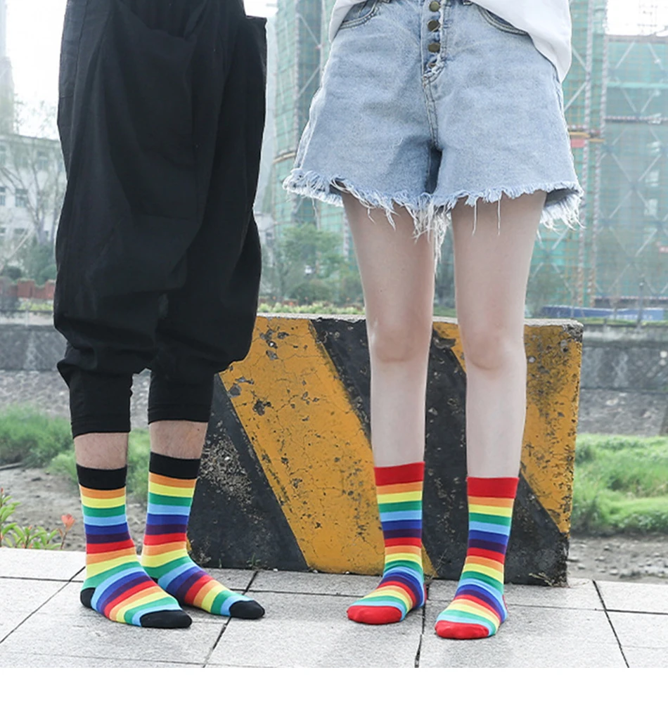 Осень Зима забавные носки Harajuku полосатые носки женские хлопковые белые радужные носки с принтом Длинные теплые носки до лодыжки