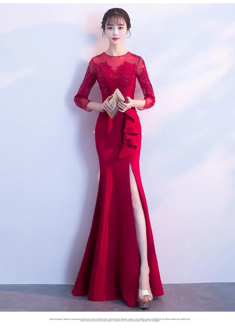 Элегантное выдолбленное синее платье Cheongsam, сексуальное тонкое платье русалки со шлейфом, Изысканное вечернее платье с блестками, Ретро платье Vestidos - Цвет: Burgundy3