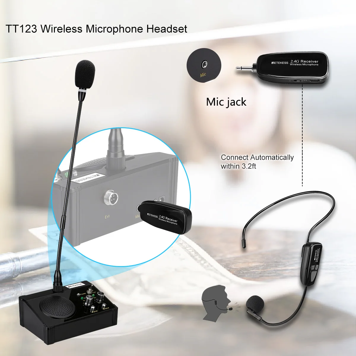 Retekess TW106 Intercom Window Speaker System +TT123 Wireless Mic Headset for Plaza Store Bank Counter Interphone Pharmacy