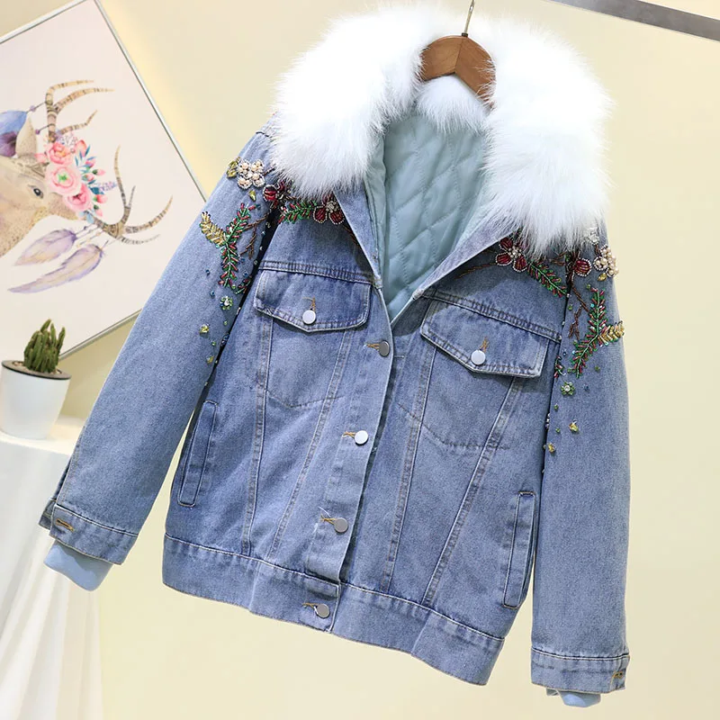Winter Beading Diamonds Denim Jacket Women Thick Warm Fox Fur Collar Quilted Jeans Jacket Casual Loose Basic Coat Female Outwear