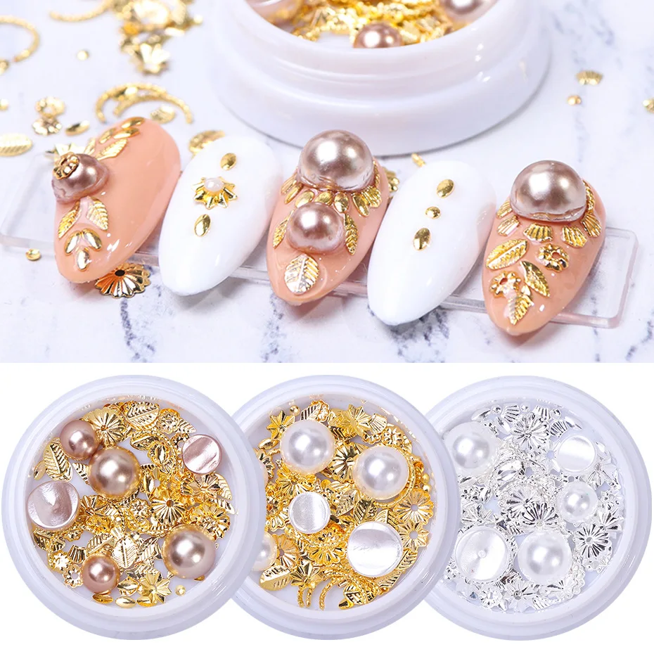 

1 Box 3D Pearls Metal Alloy Rivet Nail Art Decorations Mix Nails Gold Rhinestones Charms Studs Parts Accessories Jewelry