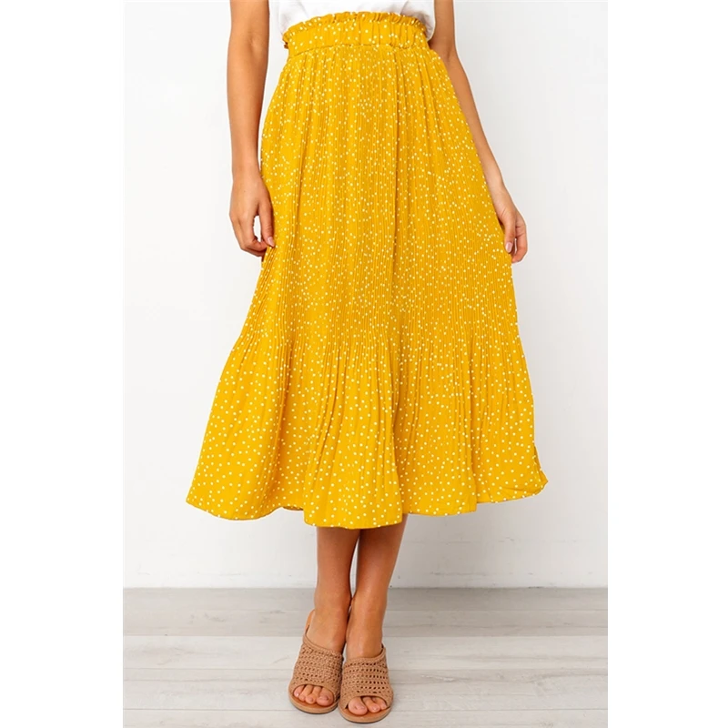 Плиссированная Женская юбка, эластичная, высокая талия, летняя, повседневная, до середины икры, юбки для женщин, модная, в горошек, с принтом, элегантная, Spodnica damsk, новинка