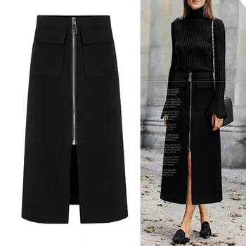 

Summer Autumn Casual Skirt Wo Ms Straight Polyester Skirt Solid Color Fashion Long Skirt New in 2019 Zipper Retro Skirt CH734