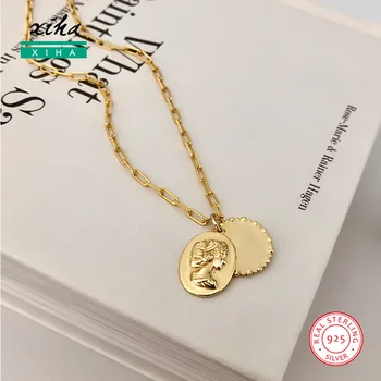 

Human Portrait Ancient Vintage Carved Coin Necklace Gold Women 925 Sterling Silver Necklaces Pendants Chunky Jewelry 2020