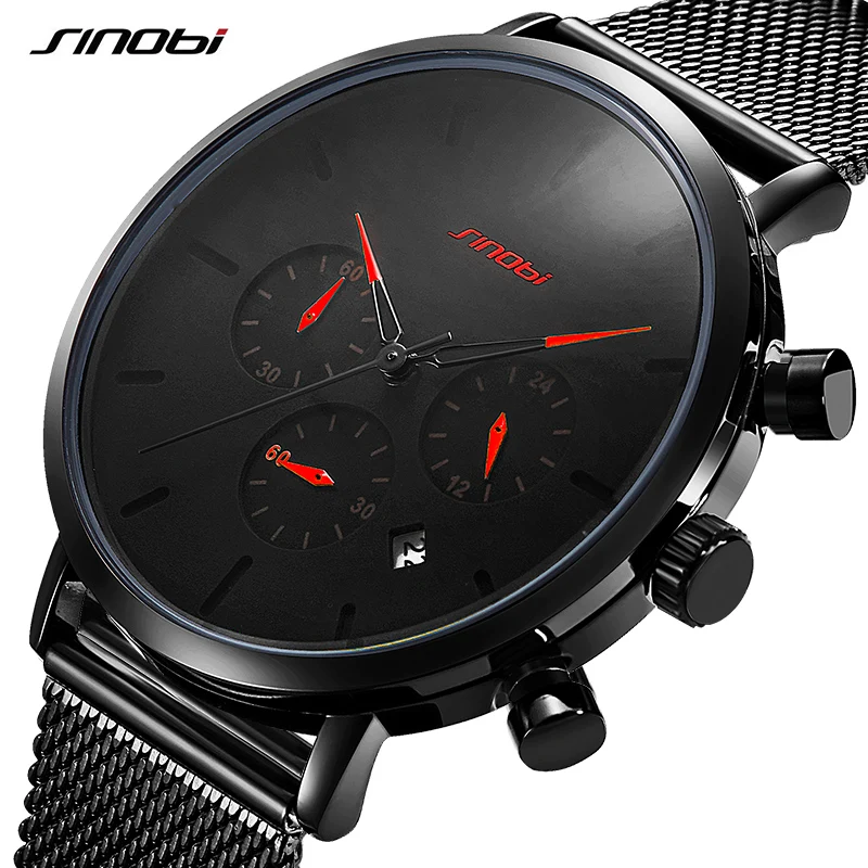 SINOBI Creative Men's Watches Luminous Luxury Business Men Quartz Wristwatch Man Sport Stainless Steel Strap Mesh Watches