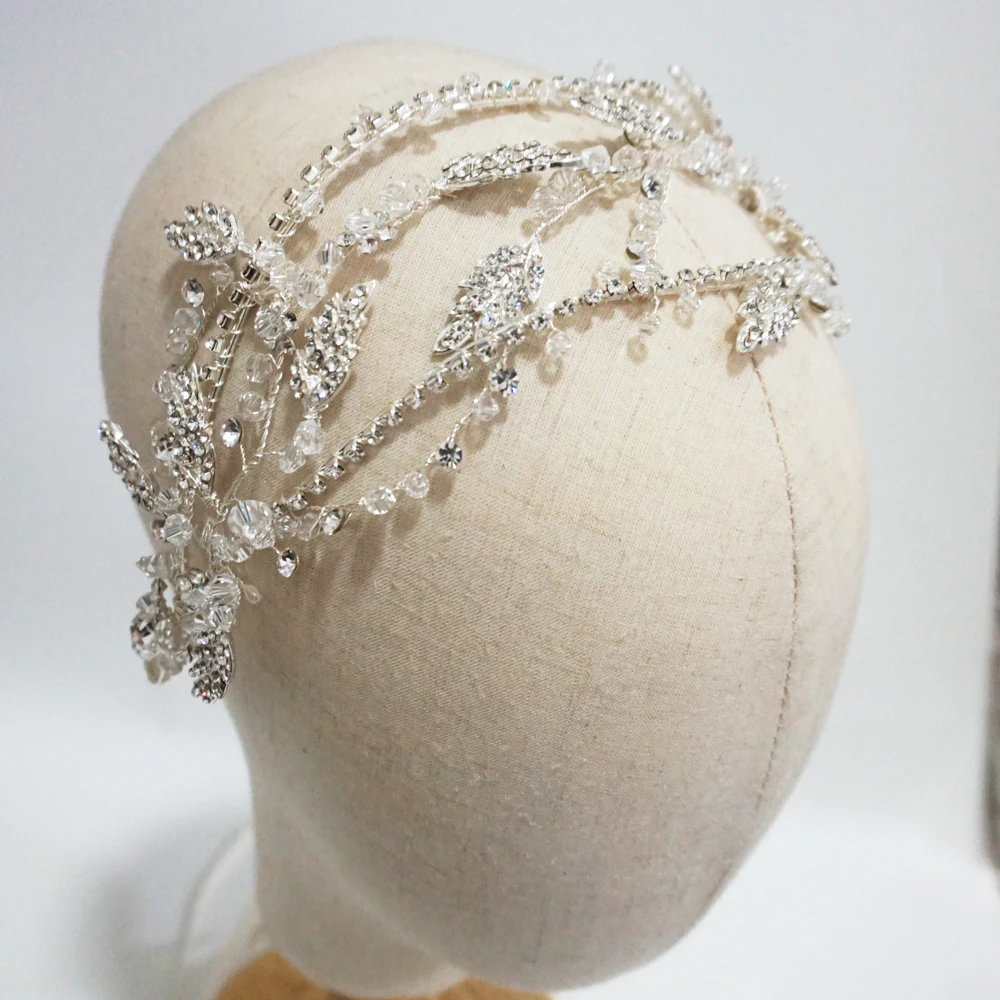 Luxury Crystal Bridal Tiara Antique Silver Leaf Wedding Crown Handmade Headband Party Prom Hair Jewelry Brides Accessories