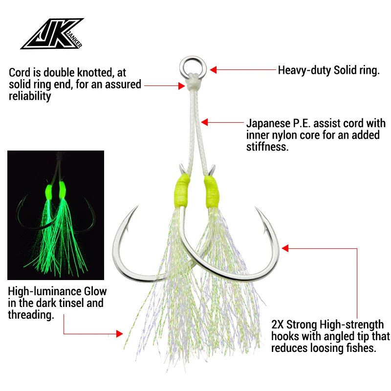 JK SJB Assist hook 1/0.2/0.3/0.4/0.5/0 Slow Jigging Hook For Metal  Jigs:30g~400g Sea Fishhooks Luminous 8064 Hooks Fishing