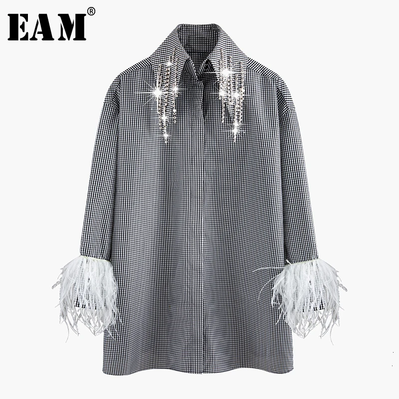 

[EAM] Women Black Feather Plaid Tassels Big Size Blouse New Lapel Long Sleeve Loose Fit Shirt Fashion Spring Autumn 2020 1N0580